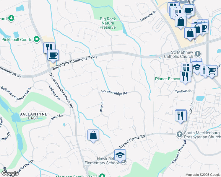 map of restaurants, bars, coffee shops, grocery stores, and more near 8301 Houston Ridge Road in Charlotte