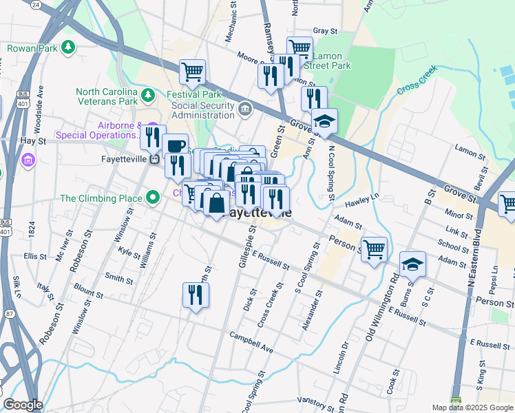 map of restaurants, bars, coffee shops, grocery stores, and more near in Fayetteville