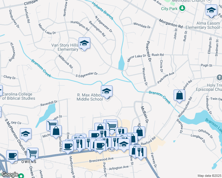 map of restaurants, bars, coffee shops, grocery stores, and more near 555 Winding Creek Road in Fayetteville