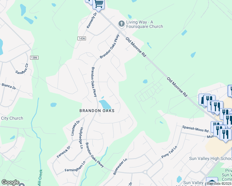 map of restaurants, bars, coffee shops, grocery stores, and more near 3843 Waters Reach Lane in Indian Trail