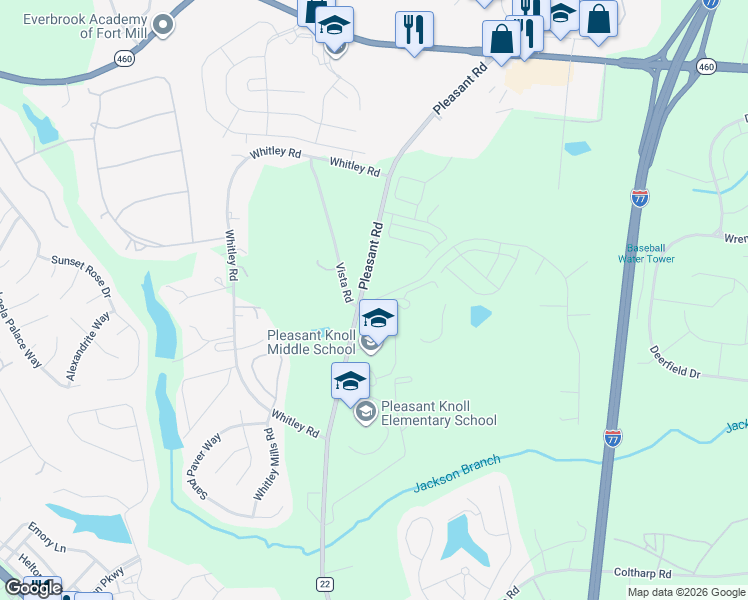 map of restaurants, bars, coffee shops, grocery stores, and more near 1801 Vista Road in Fort Mill