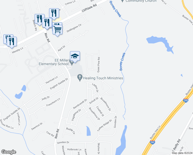 map of restaurants, bars, coffee shops, grocery stores, and more near Quiet Pine Road in Fayetteville