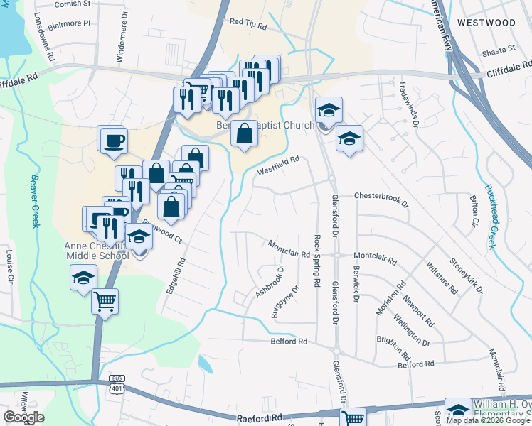map of restaurants, bars, coffee shops, grocery stores, and more near 595 Montclair Road in Fayetteville