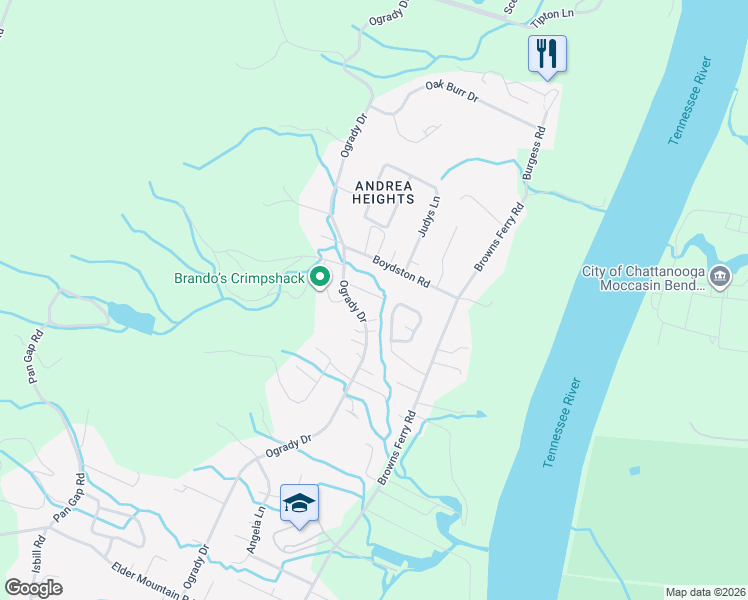 map of restaurants, bars, coffee shops, grocery stores, and more near 3321 Bonneville Circle in Chattanooga