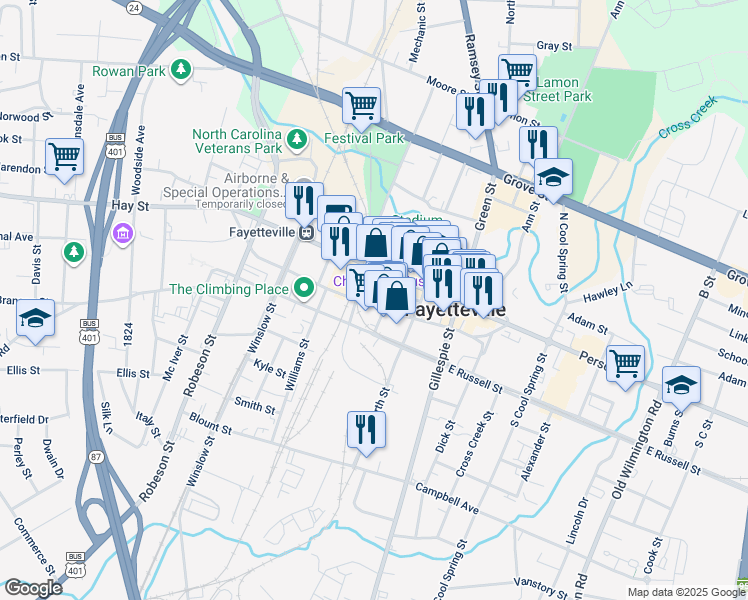 map of restaurants, bars, coffee shops, grocery stores, and more near 148 Maxwell Street in Fayetteville