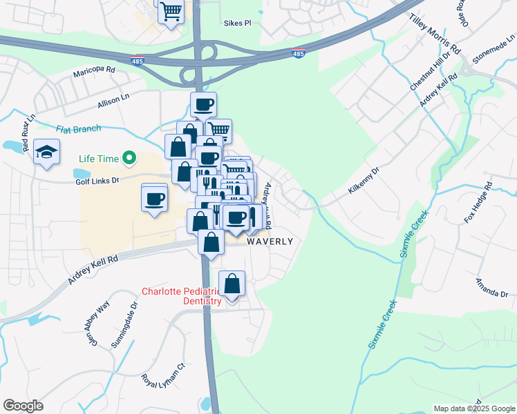 map of restaurants, bars, coffee shops, grocery stores, and more near 6311 Southgrove Street in Charlotte