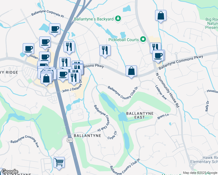 map of restaurants, bars, coffee shops, grocery stores, and more near 14311 Ballantyne Country Club Drive in Charlotte