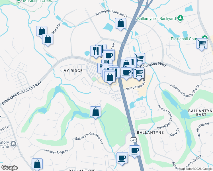 map of restaurants, bars, coffee shops, grocery stores, and more near 14840 John J Delaney Drive in Charlotte