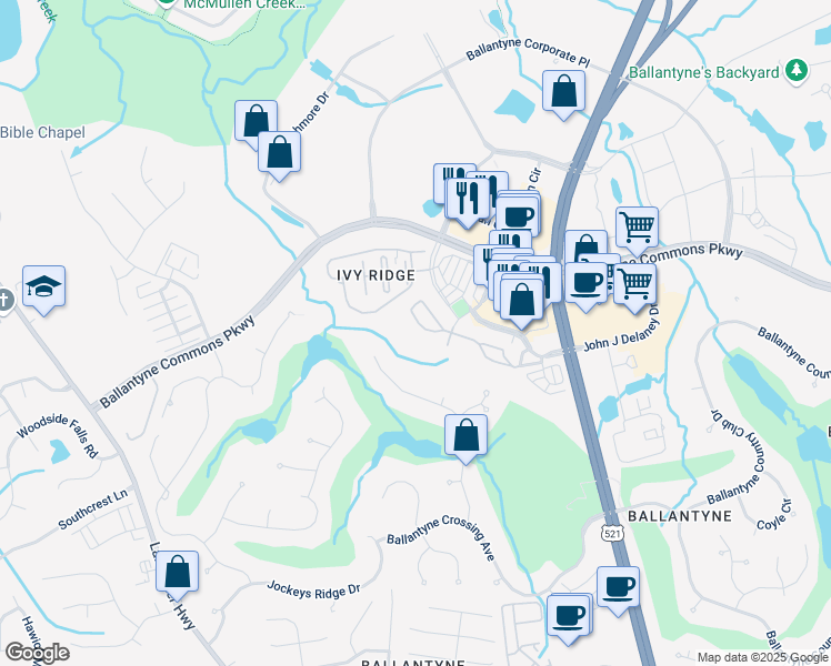 map of restaurants, bars, coffee shops, grocery stores, and more near 14682 Via Sorrento Drive in Charlotte