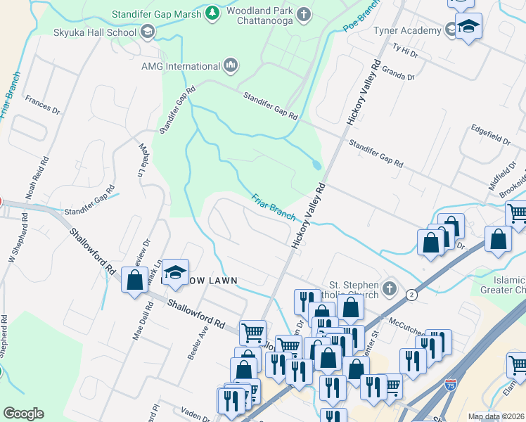 map of restaurants, bars, coffee shops, grocery stores, and more near 6722 Hickory Brook Road in Chattanooga