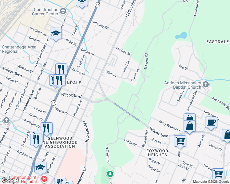 map of restaurants, bars, coffee shops, grocery stores, and more near 2612 Ocoee Street in Chattanooga