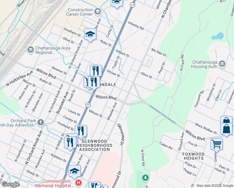 map of restaurants, bars, coffee shops, grocery stores, and more near 1500 Wheeler Avenue in Chattanooga