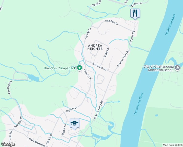 map of restaurants, bars, coffee shops, grocery stores, and more near 949 Ogrady Drive in Chattanooga