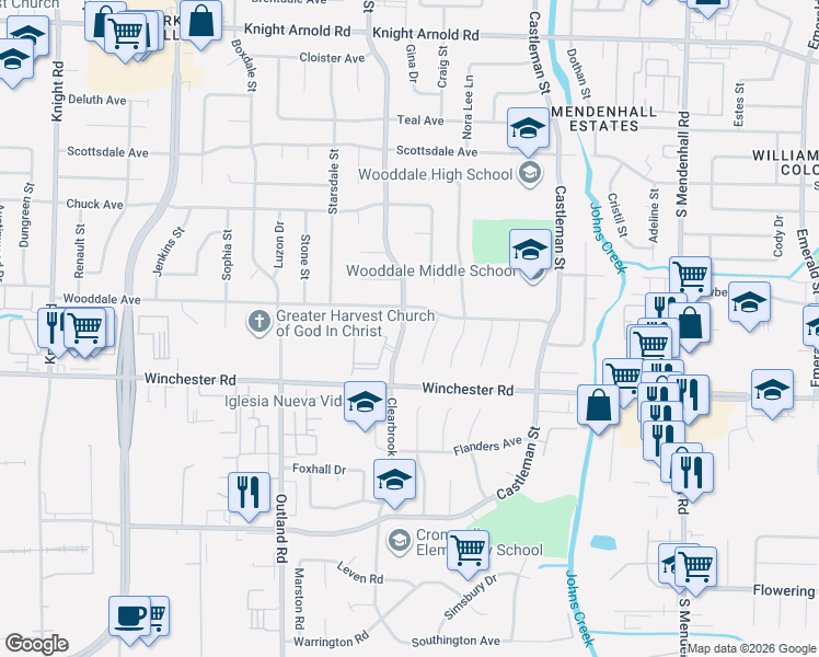 map of restaurants, bars, coffee shops, grocery stores, and more near 3535 Wooddale Cove in Memphis