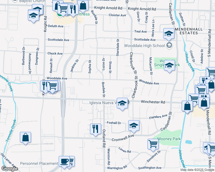 map of restaurants, bars, coffee shops, grocery stores, and more near 3552 Boxdale Street in Memphis
