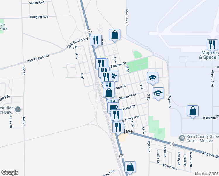 map of restaurants, bars, coffee shops, grocery stores, and more near 2319 Inyo Street in Mojave