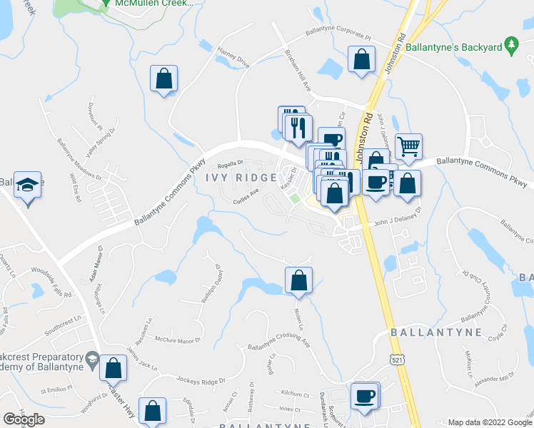 map of restaurants, bars, coffee shops, grocery stores, and more near 14682 Via Sorrento Drive in Charlotte