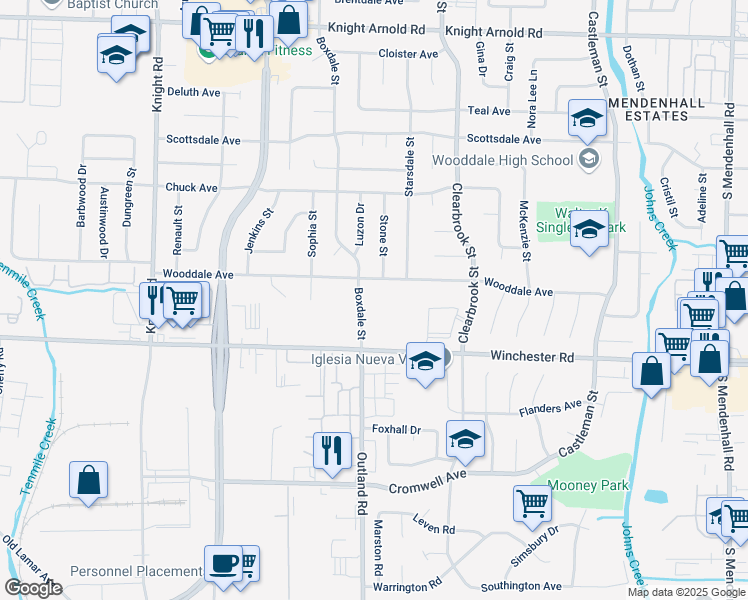 map of restaurants, bars, coffee shops, grocery stores, and more near 3552 Boxdale Street in Memphis