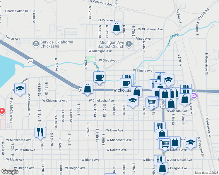 map of restaurants, bars, coffee shops, grocery stores, and more near 900 West Choctaw Avenue in Chickasha