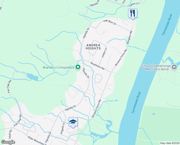 map of restaurants, bars, coffee shops, grocery stores, and more near 949 Ogrady Drive in Chattanooga