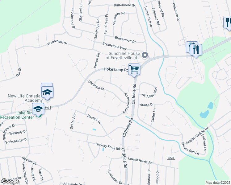 map of restaurants, bars, coffee shops, grocery stores, and more near 1157 Christina Street in Fayetteville