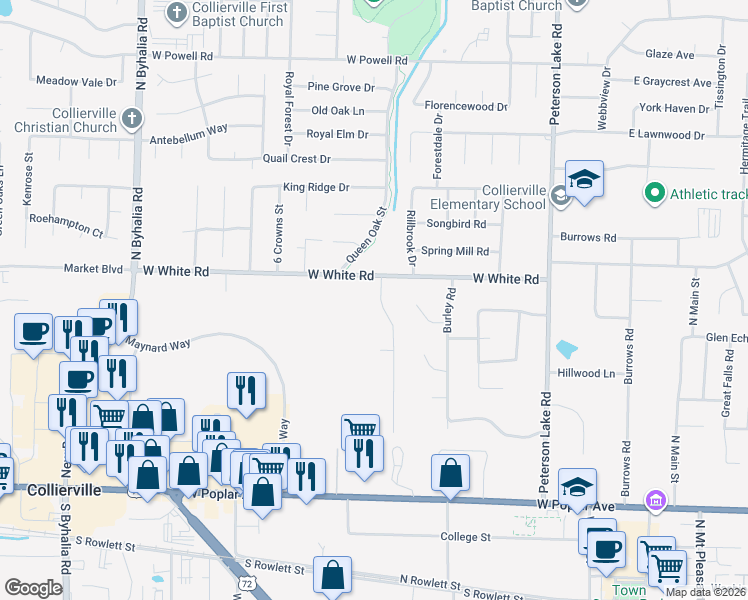 map of restaurants, bars, coffee shops, grocery stores, and more near 439 Dove Valley Road in Collierville