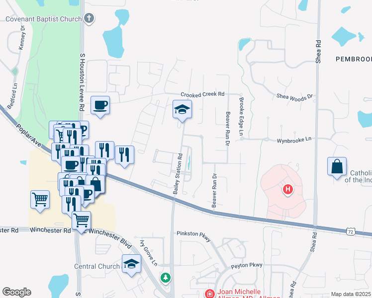 map of restaurants, bars, coffee shops, grocery stores, and more near 3544 East Taplow Way in Collierville