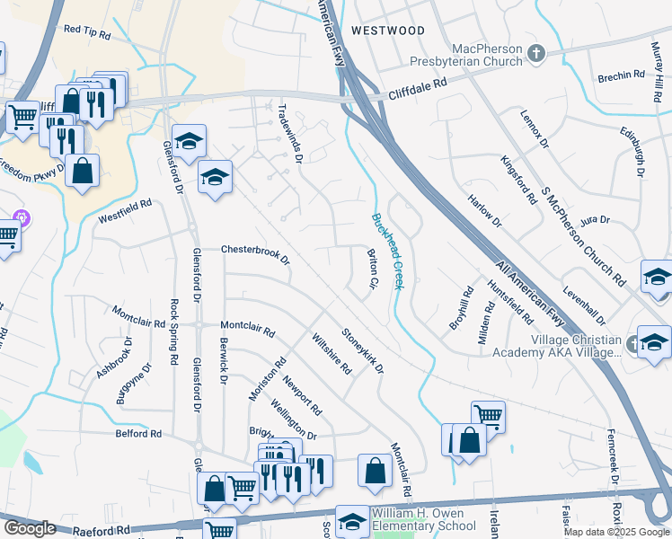 map of restaurants, bars, coffee shops, grocery stores, and more near 513 Andrea Court in Fayetteville