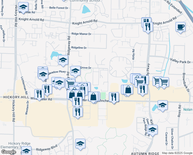 map of restaurants, bars, coffee shops, grocery stores, and more near 6301 Village Grove Drive in Memphis