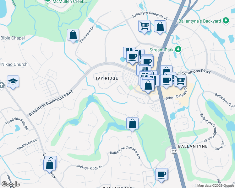 map of restaurants, bars, coffee shops, grocery stores, and more near 14666 Via Sorrento Drive in Charlotte