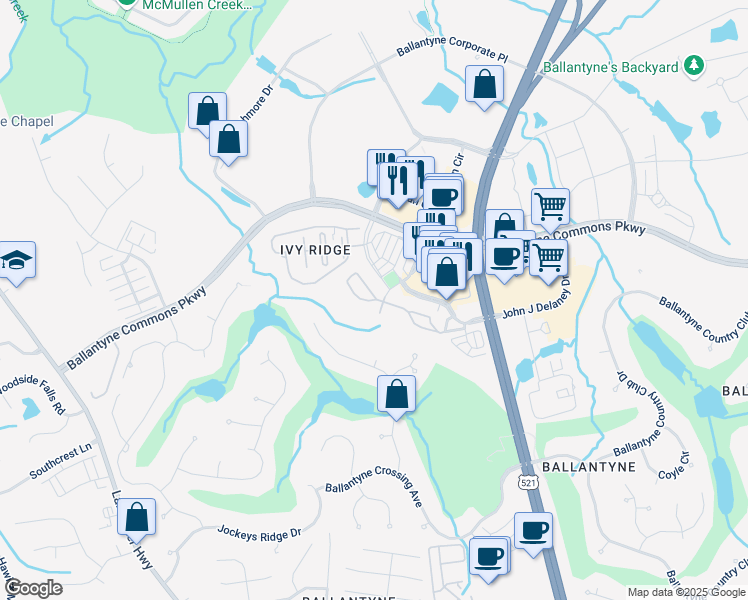 map of restaurants, bars, coffee shops, grocery stores, and more near 14409 San Paolo Lane in Charlotte