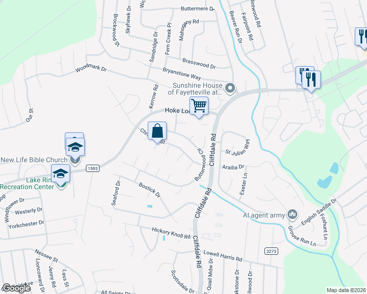 map of restaurants, bars, coffee shops, grocery stores, and more near 1157 Christina Street in Fayetteville