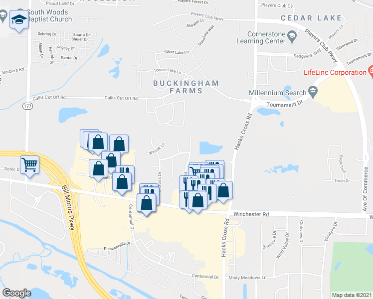 map of restaurants, bars, coffee shops, grocery stores, and more near 7930 Winchester Hills Street in Memphis