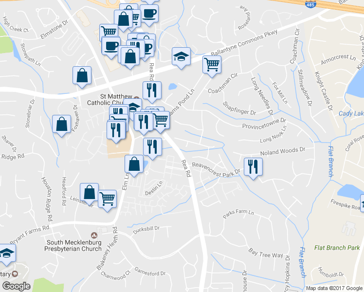 map of restaurants, bars, coffee shops, grocery stores, and more near 10615 Poe Court in Charlotte