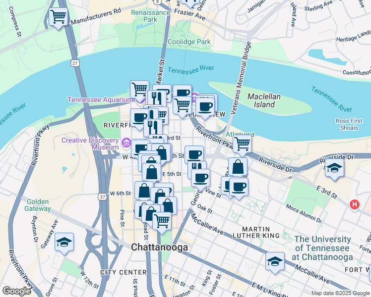 map of restaurants, bars, coffee shops, grocery stores, and more near in Chattanooga