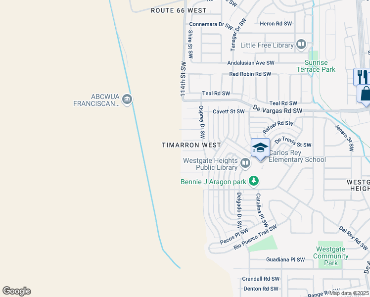 map of restaurants, bars, coffee shops, grocery stores, and more near 11205 Egret Court Southwest in Albuquerque