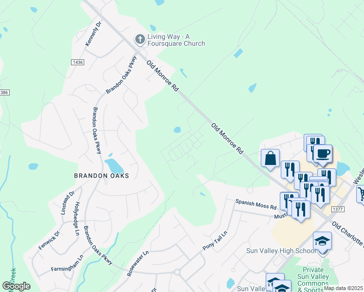 map of restaurants, bars, coffee shops, grocery stores, and more near 5916 Old Monroe Road in Indian Trail