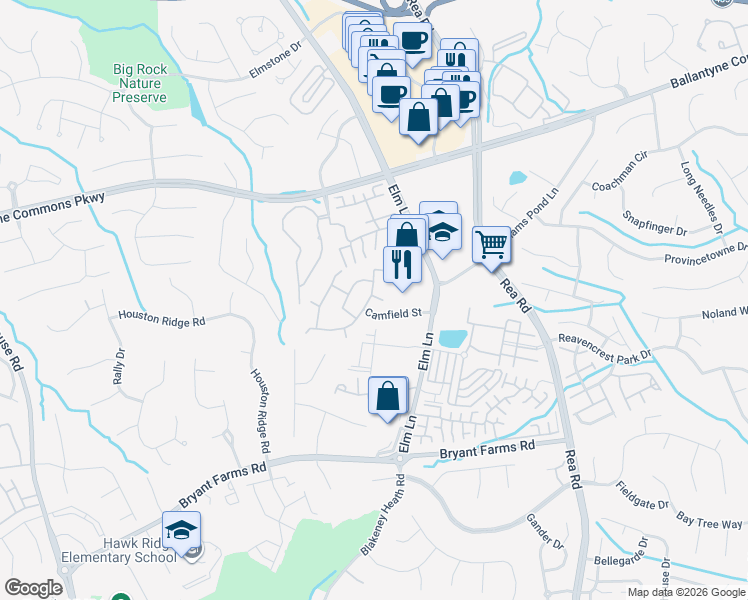 map of restaurants, bars, coffee shops, grocery stores, and more near 8218 Southgate Commons Drive in Charlotte
