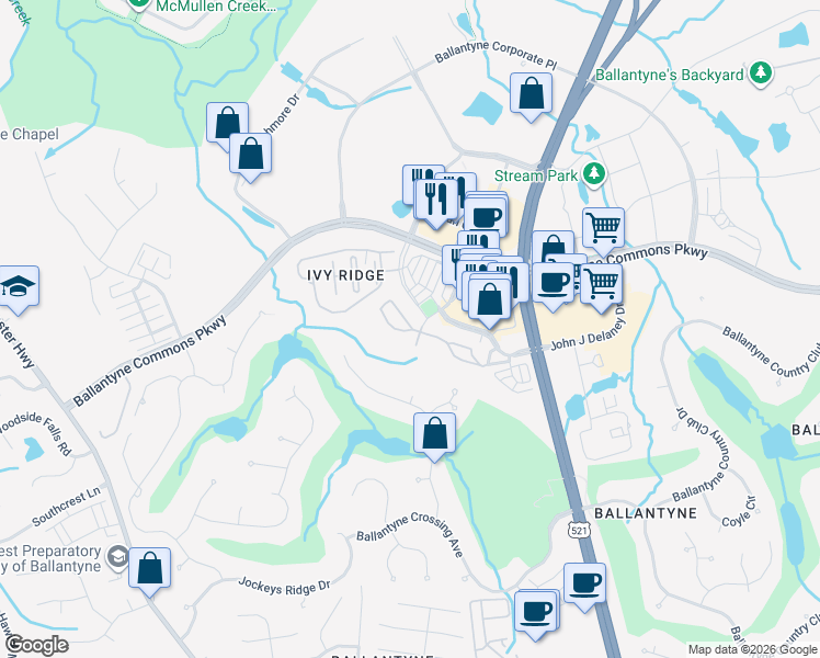 map of restaurants, bars, coffee shops, grocery stores, and more near 14409 San Paolo Lane in Charlotte