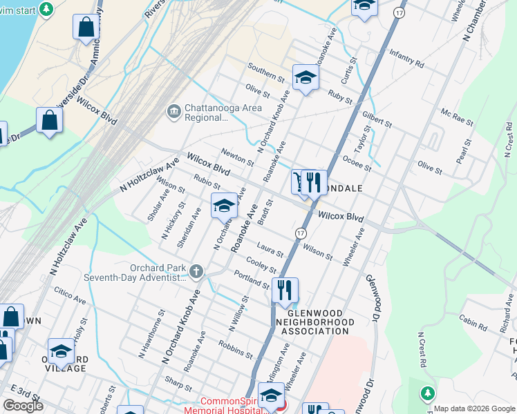 map of restaurants, bars, coffee shops, grocery stores, and more near 1319 Roanoke Avenue in Chattanooga