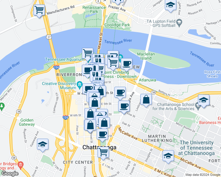 map of restaurants, bars, coffee shops, grocery stores, and more near 135 East 3rd Street in Chattanooga