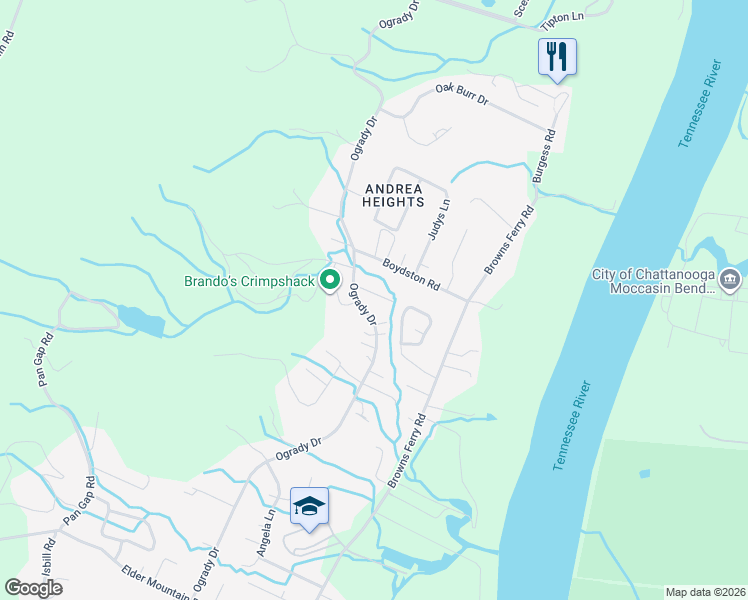 map of restaurants, bars, coffee shops, grocery stores, and more near 1030 Ogrady Drive in Chattanooga