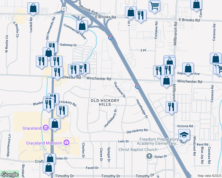 map of restaurants, bars, coffee shops, grocery stores, and more near 3475 Graceland Drive in Memphis