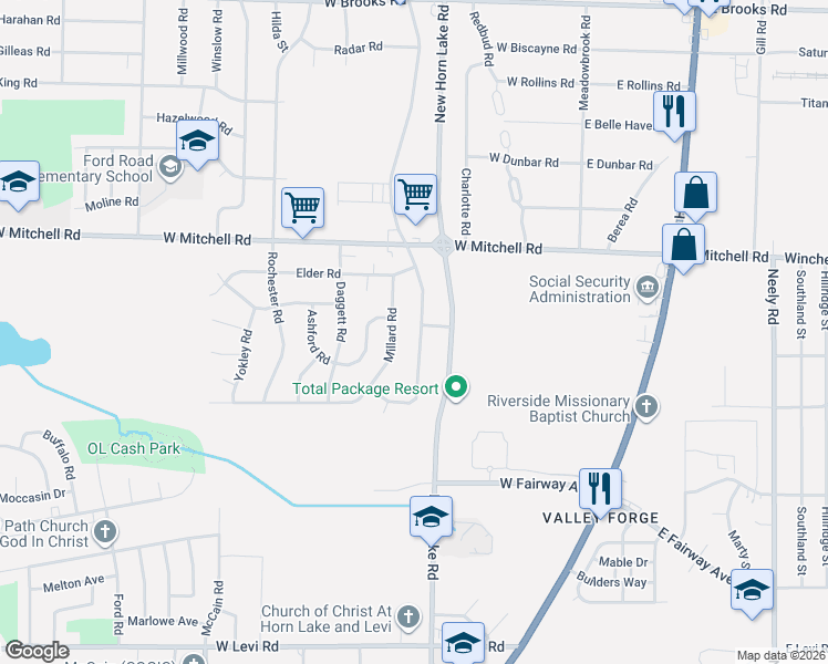map of restaurants, bars, coffee shops, grocery stores, and more near 3492 Millard Road in Memphis