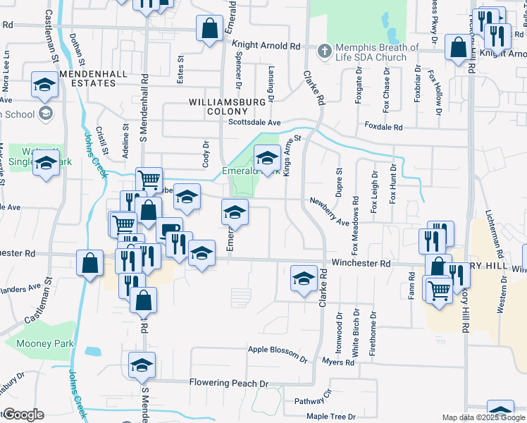 map of restaurants, bars, coffee shops, grocery stores, and more near 5545 Emerald Hills Drive in Memphis