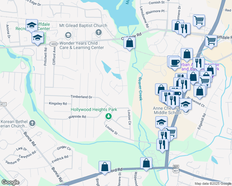 map of restaurants, bars, coffee shops, grocery stores, and more near 3109 Wisteria Lane in Fayetteville