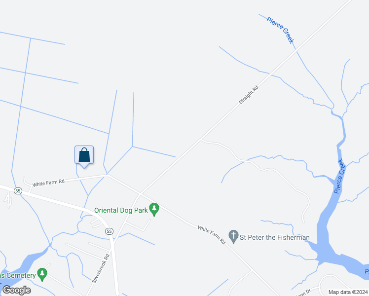 map of restaurants, bars, coffee shops, grocery stores, and more near 605 Straight Road in Oriental