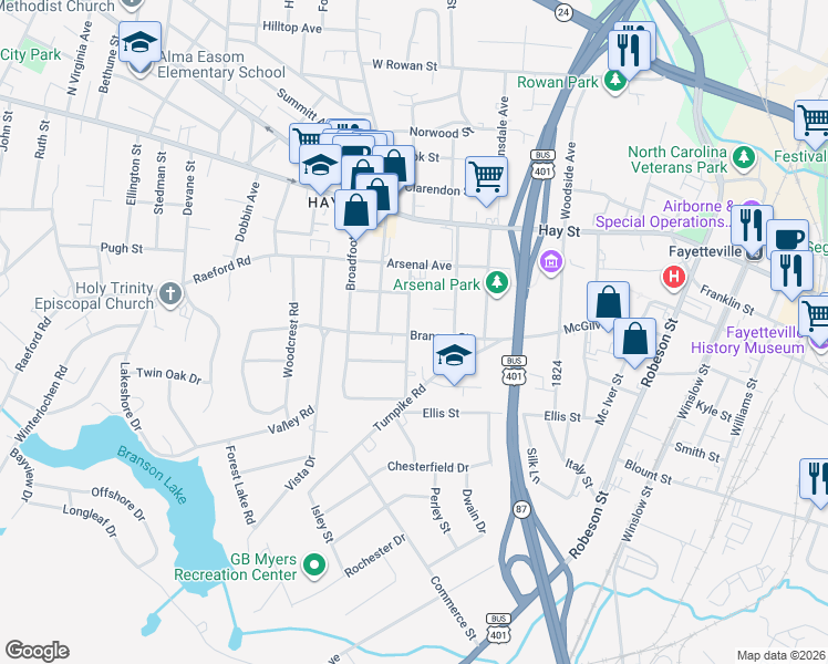 map of restaurants, bars, coffee shops, grocery stores, and more near 308 Bryan Street in Fayetteville