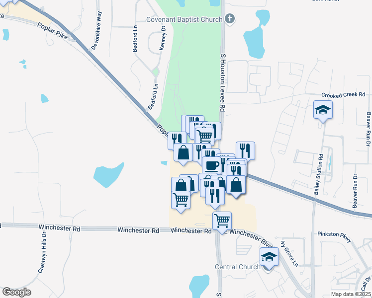 map of restaurants, bars, coffee shops, grocery stores, and more near 10056 West Poplar Avenue in Collierville