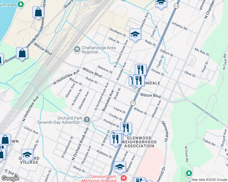 map of restaurants, bars, coffee shops, grocery stores, and more near 1319 Roanoke Avenue in Chattanooga
